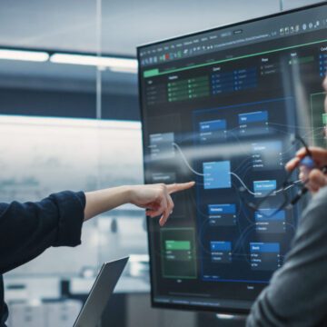 Two Diverse Software Developers Having a Meeting in a Conference Room. Female and Male Tech Industry Engineers Brainstorming Ideas for Their Neural Network Blockchain Startup